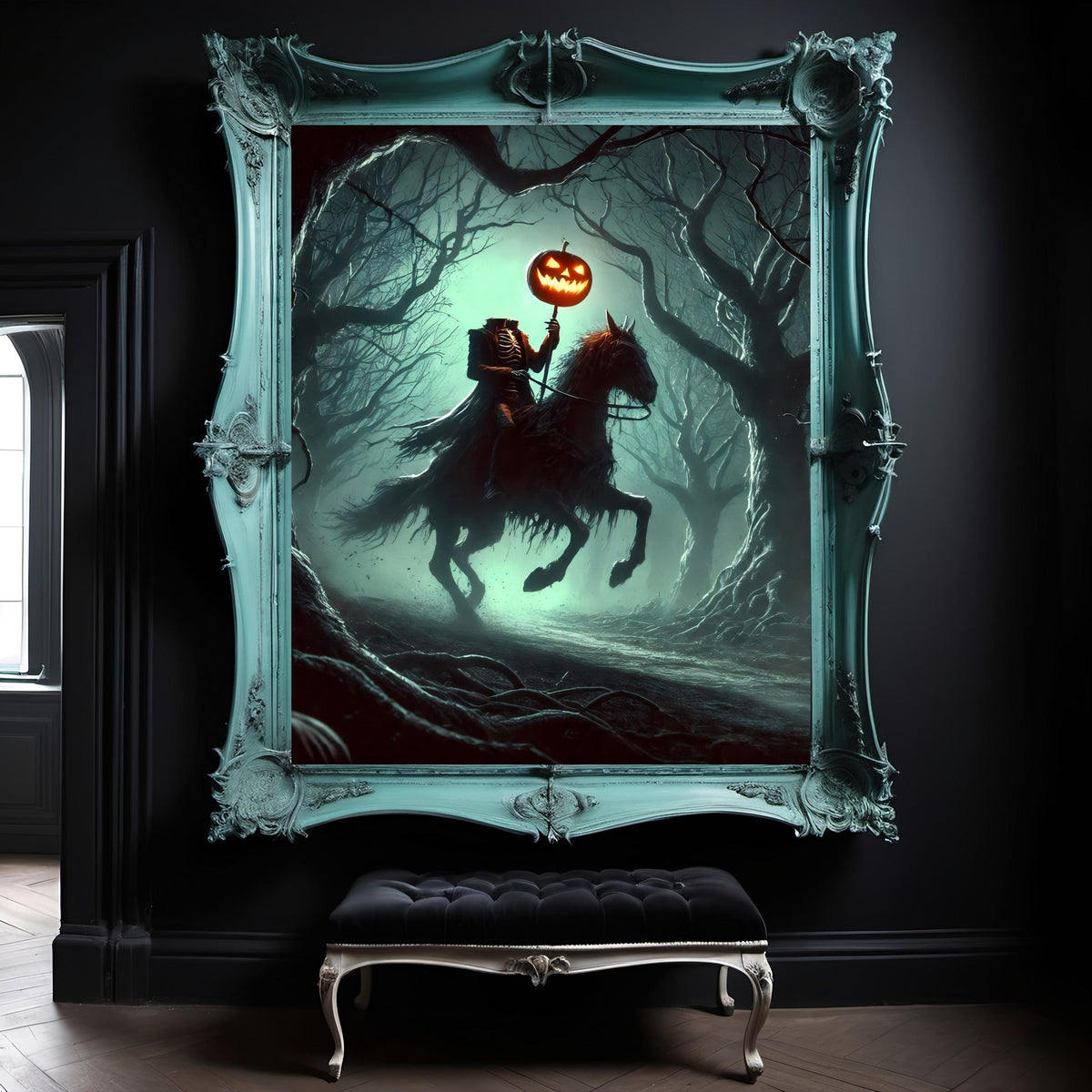 Headless Horseman Print: Gothic Halloween Art, Dark Forest Decor (Digital Download)