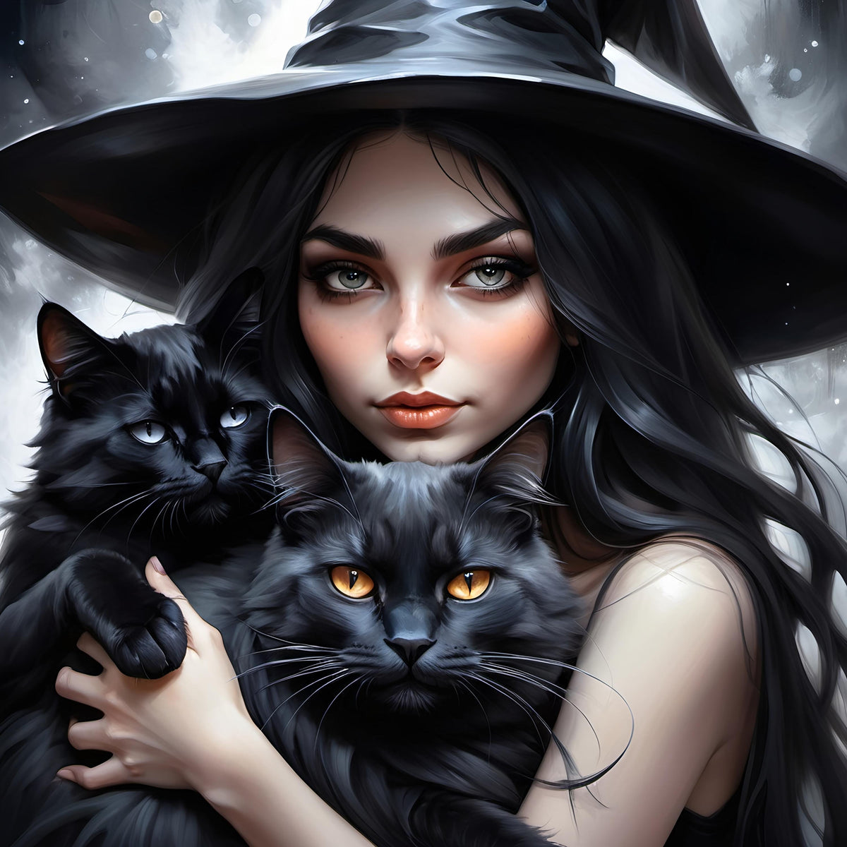 Witch and Black Cat Digital Print: Mystical Halloween Decor (Digital Download 4096x4096px)