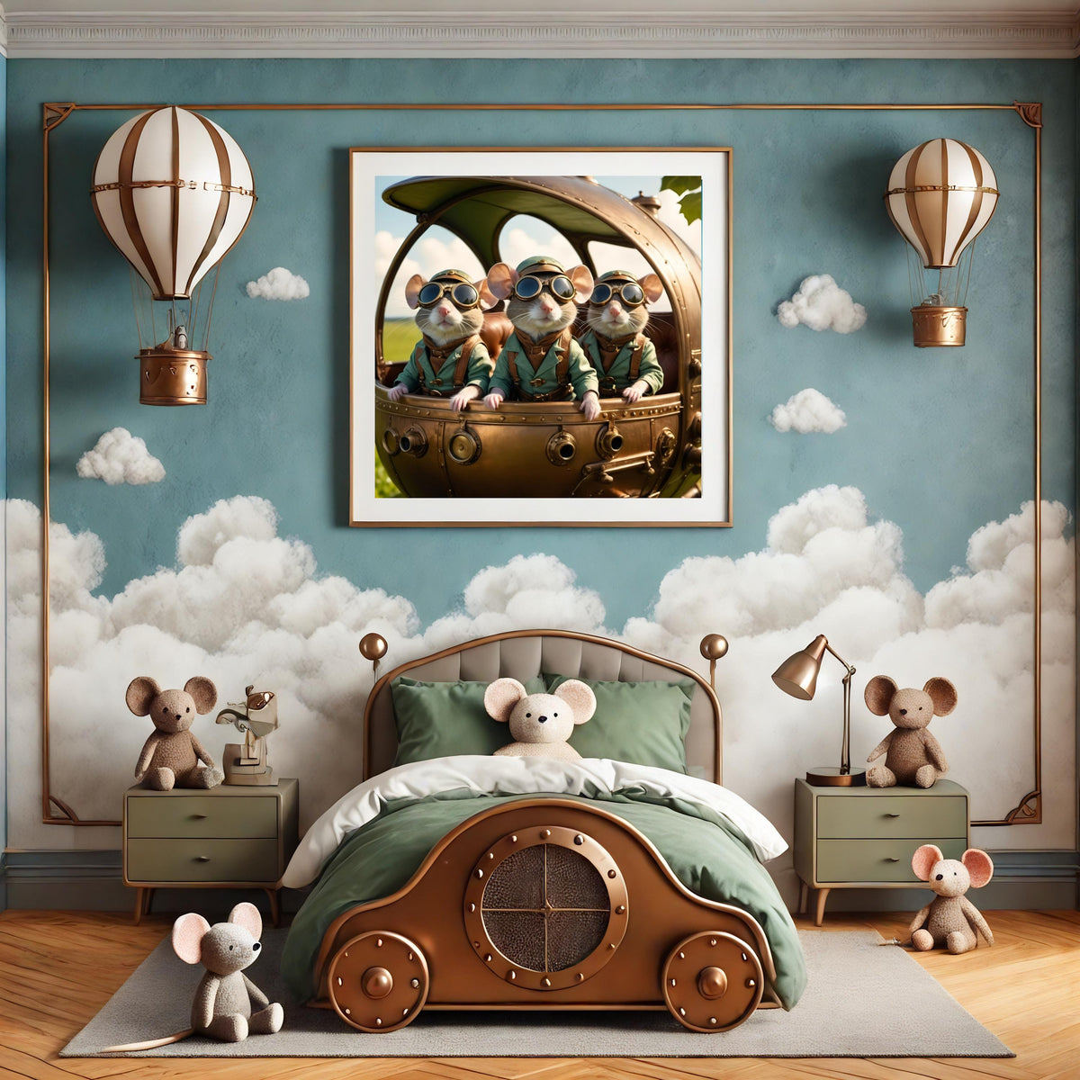 Steampunk Aviator Mice Airship Print: Whimsical Nursery Art (Digital Download)