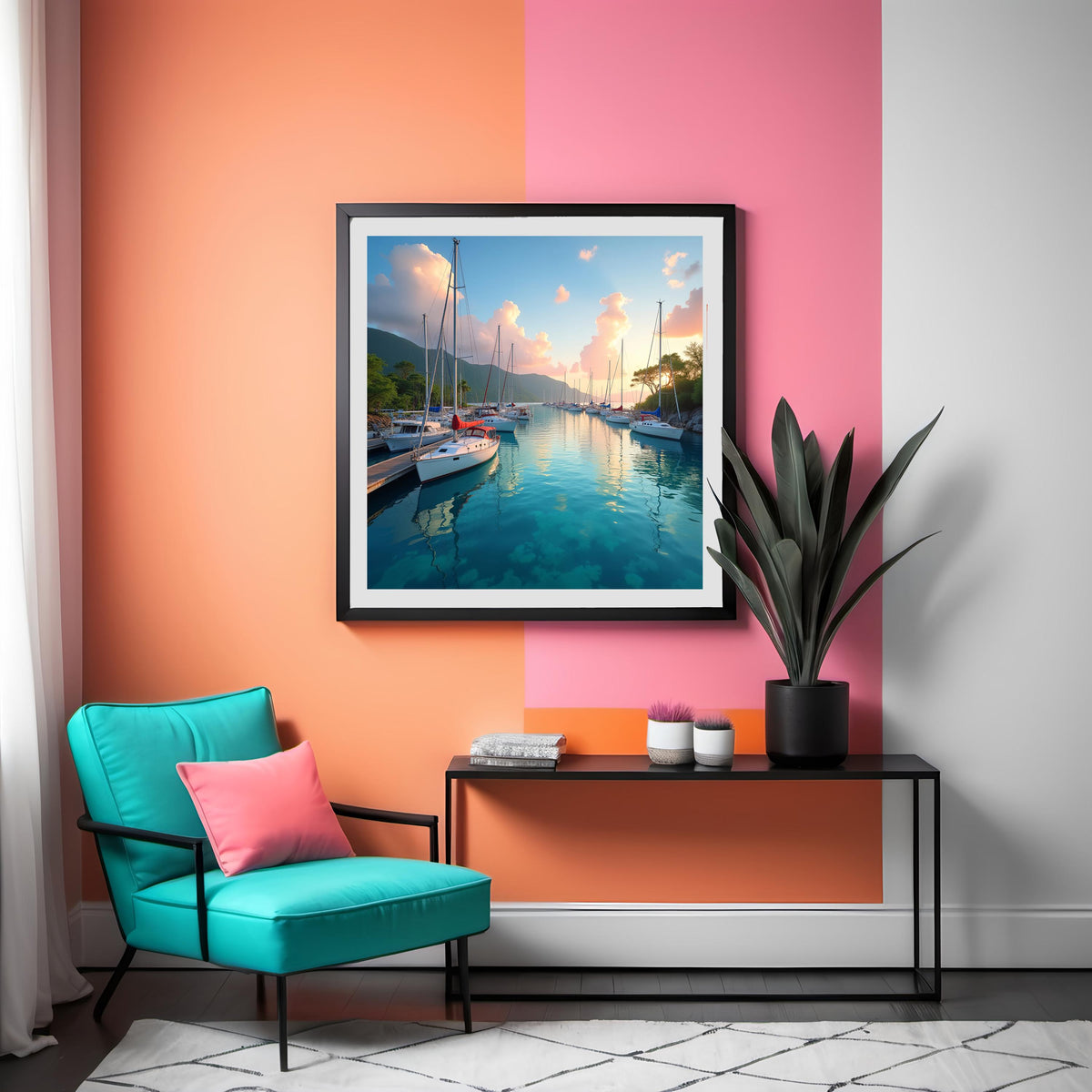 Sunset Marina Coastal Print: Sailboats & Mountain Scene (Digital Download)
