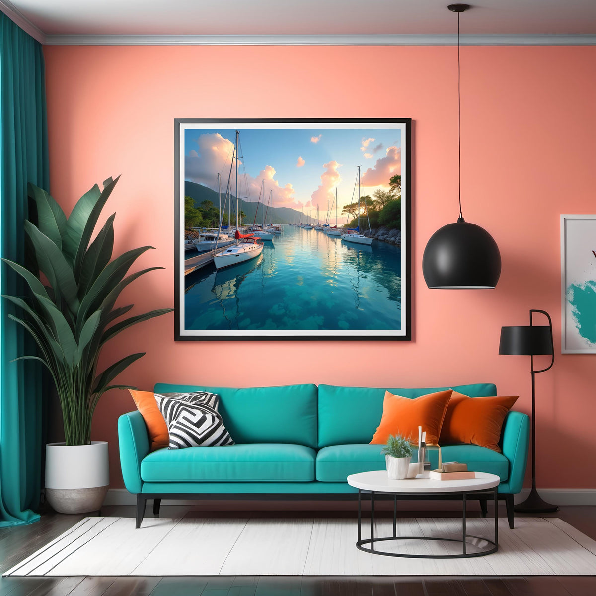Sunset Marina Coastal Print: Sailboats & Mountain Scene (Digital Download)