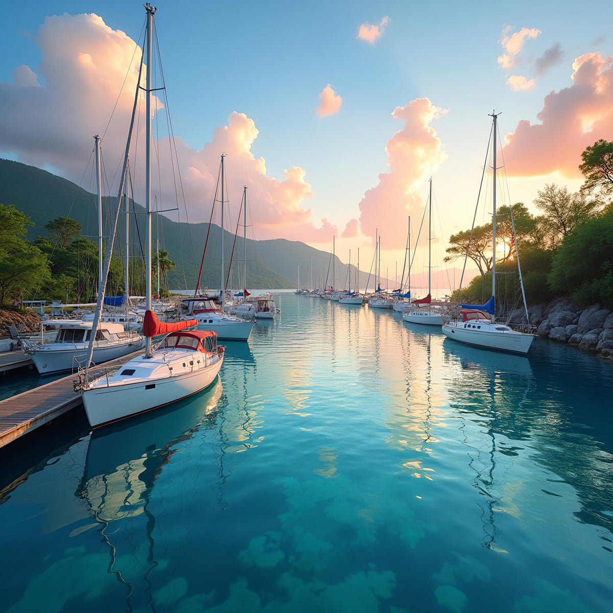 Sunset Marina Coastal Print: Sailboats & Mountain Scene (Digital Download)