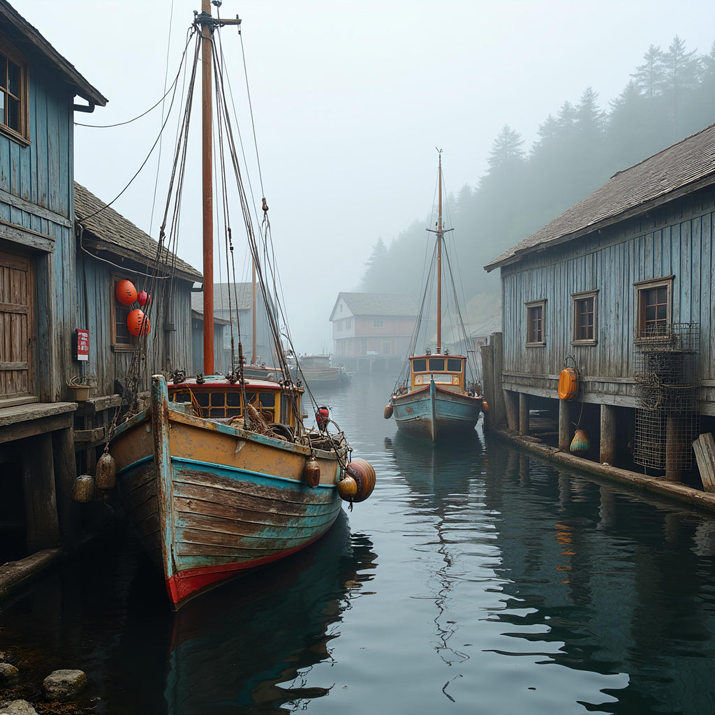 Foggy Wharf Art Print: Vintage Wooden Boats, Coastal Nautical Scene (Digital Download)