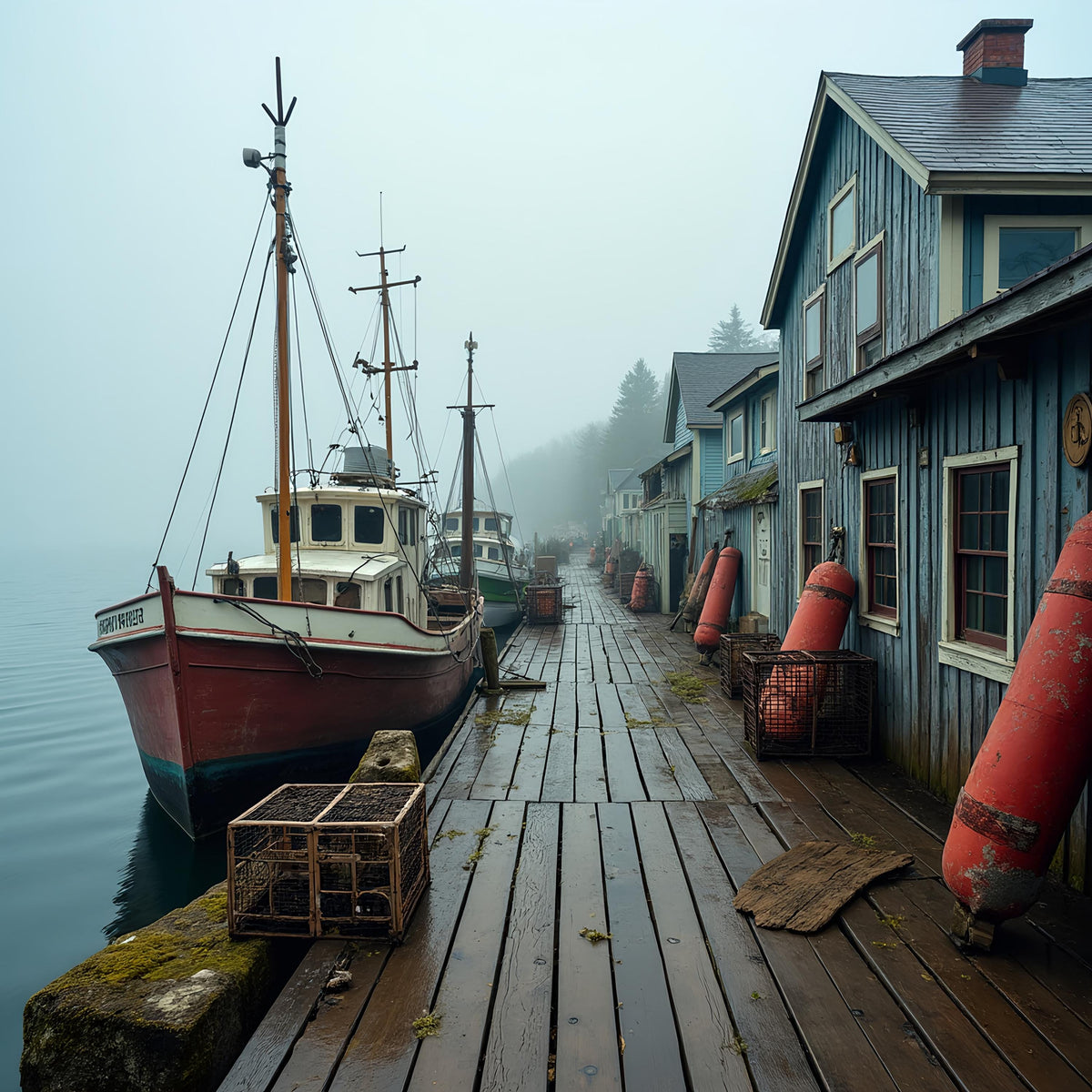 Foggy Wharf Art Print: Vintage Wooden Boats, Coastal Nautical Scene (Digital Download) 2