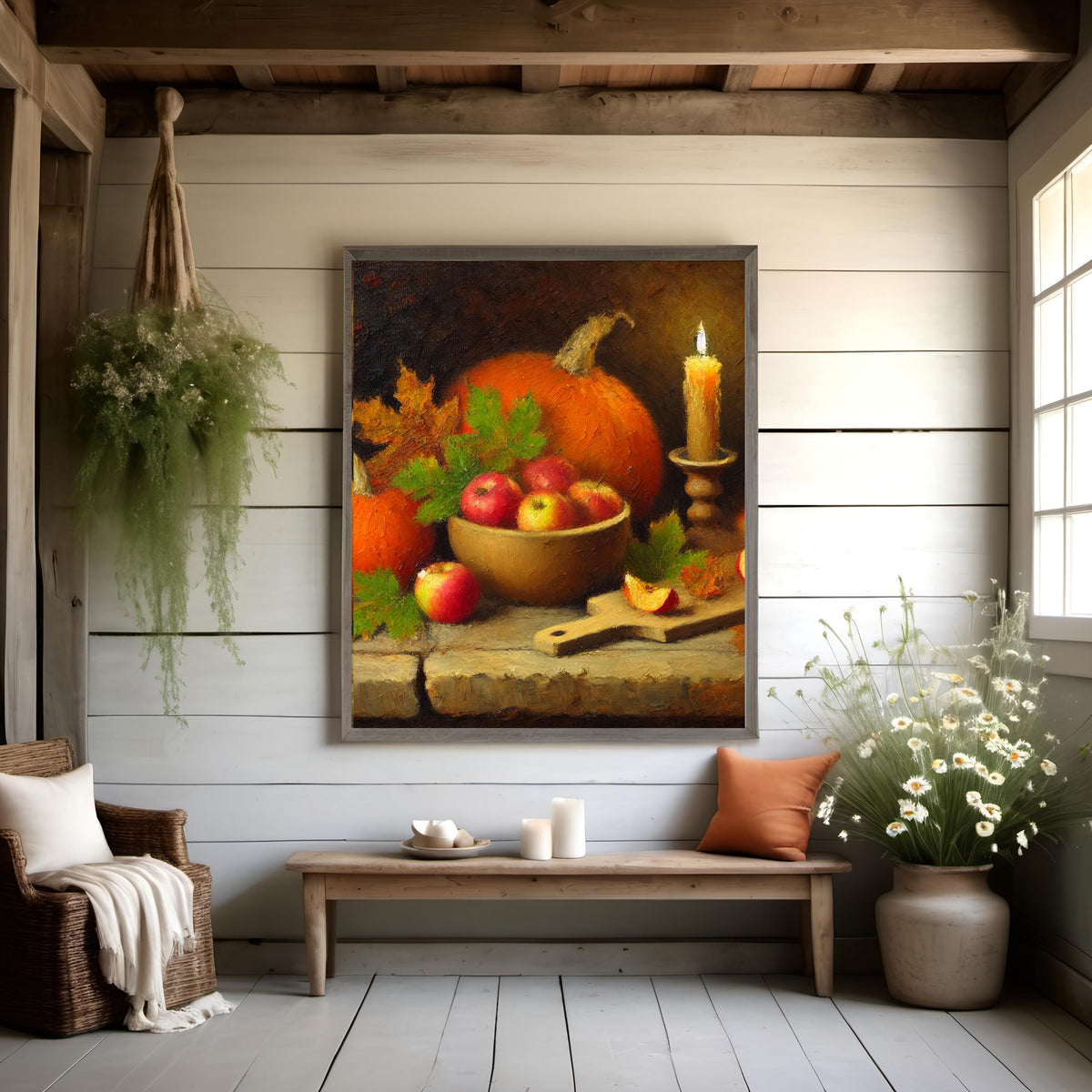 Rustic Autumn Still Life Painting: Apples, Pumpkins, Pears (Digital Download)