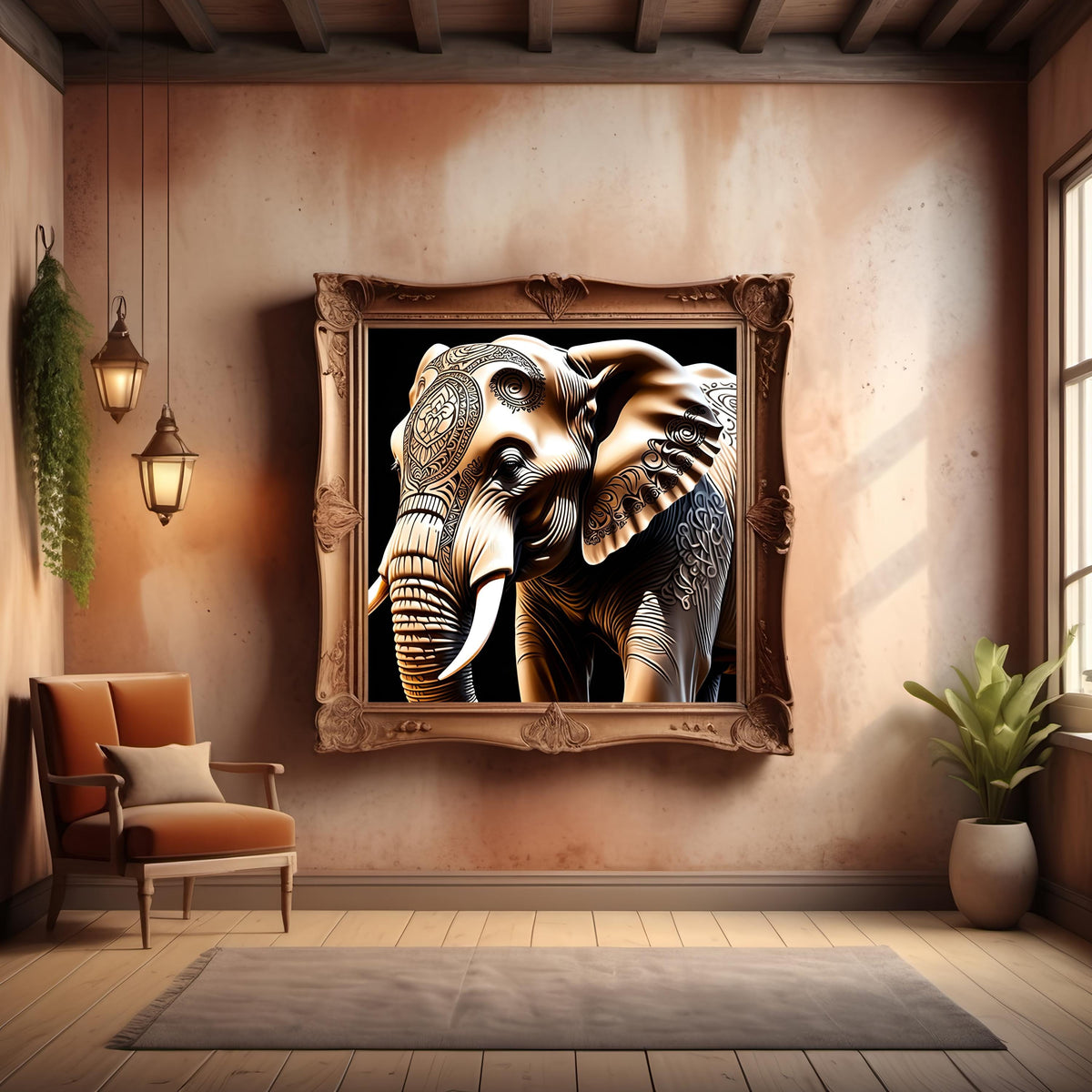 Tattooed Elephant Art Print: Intricate Animal Design (Digital Download)