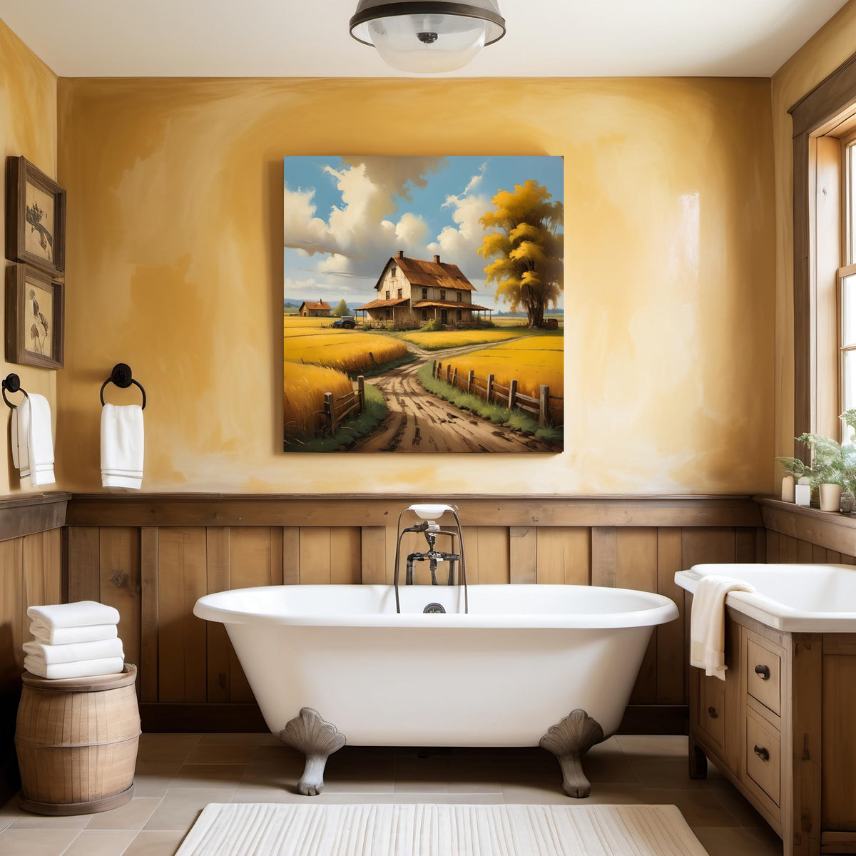Rustic Farmhouse Golden Fields Art: Vintage Country Landscape (Digital Download)