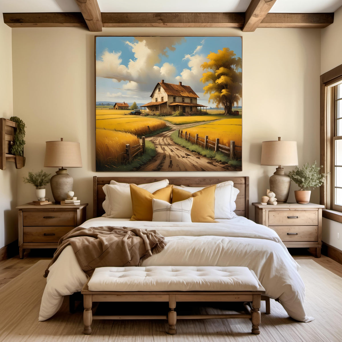 Rustic Farmhouse Golden Fields Art: Vintage Country Landscape (Digital Download)