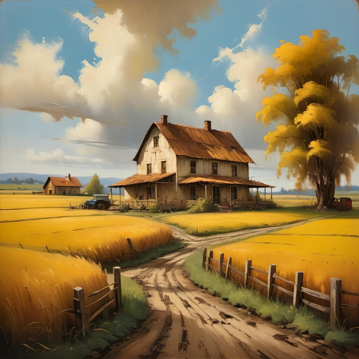 Rustic Farmhouse Golden Fields Art: Vintage Country Landscape (Digital Download)
