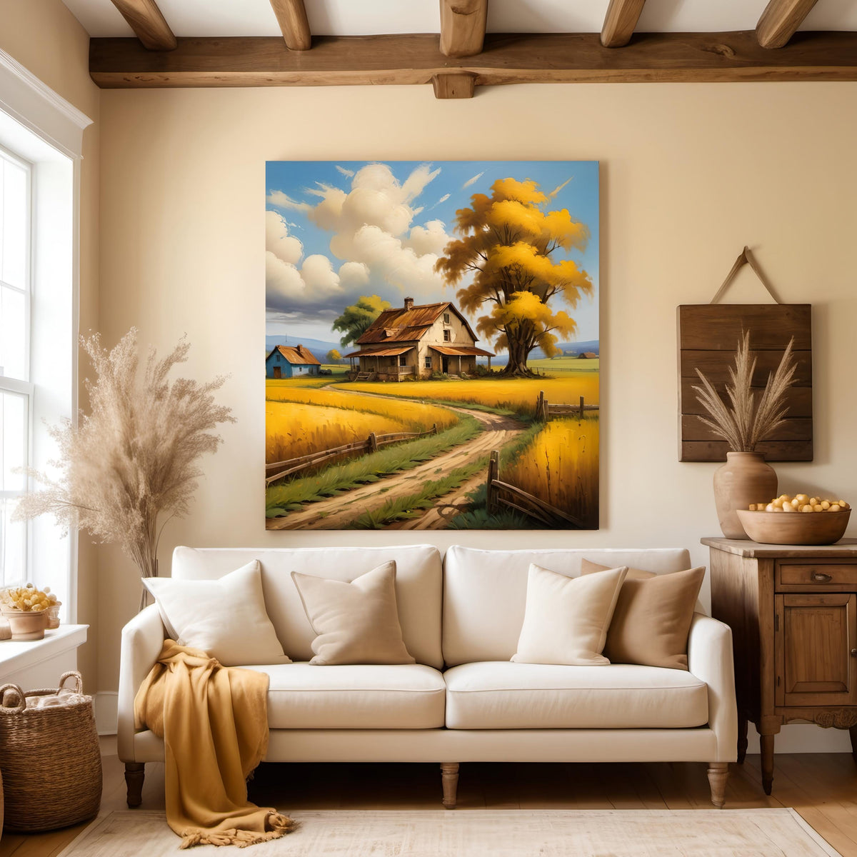Rustic Farmhouse Art Print: Golden Fields Landscape (Digital Download)