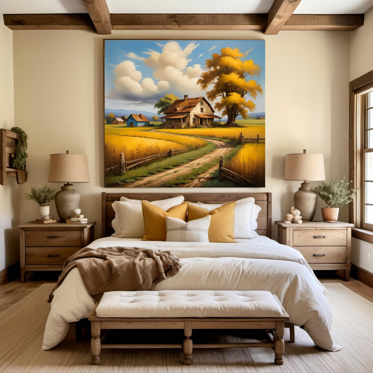 Rustic Farmhouse Art Print: Golden Fields Landscape (Digital Download)
