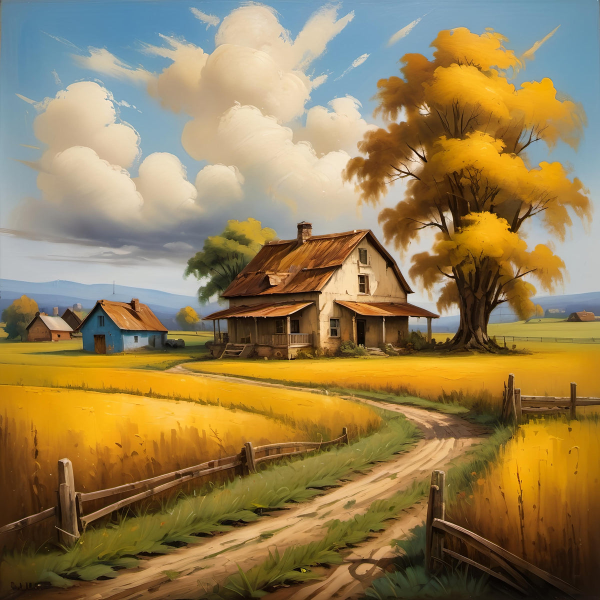 Rustic Farmhouse Art Print: Golden Fields Landscape (Digital Download)