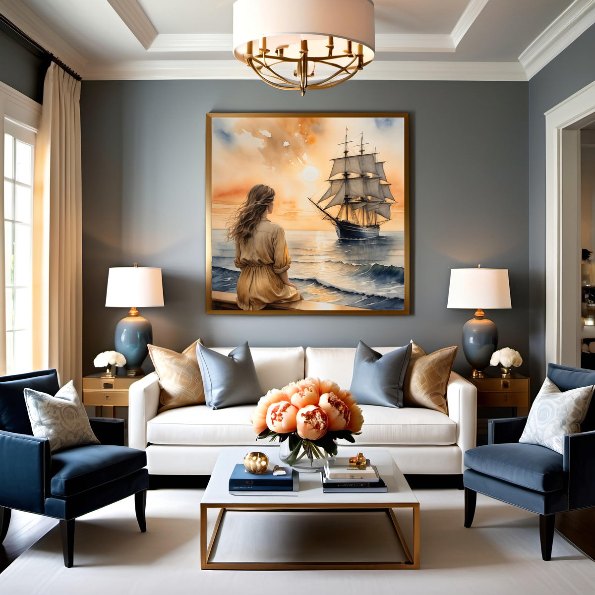 Sunset Ship Art Print: Romantic Seascape, Nautical Wall Decor (Digital Download)