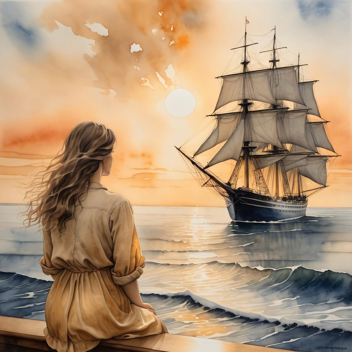 Sunset Ship Art Print: Romantic Seascape, Nautical Wall Decor (Digital Download)