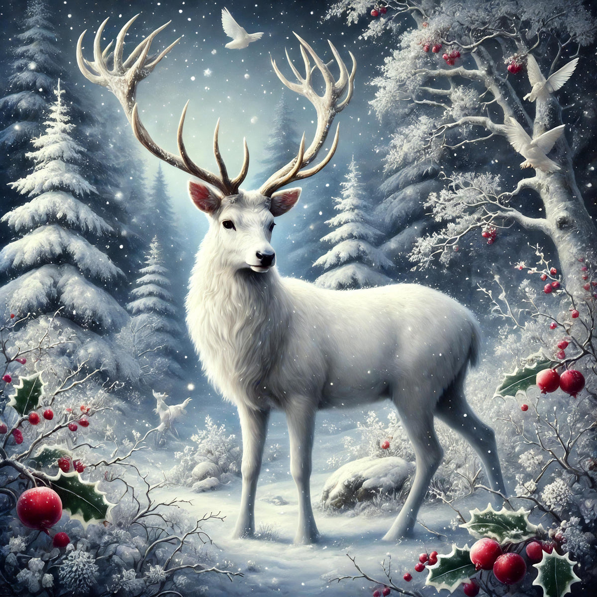 White Stag Winter Woodland Art Print: Snowy Holiday Decor (Digital Download)