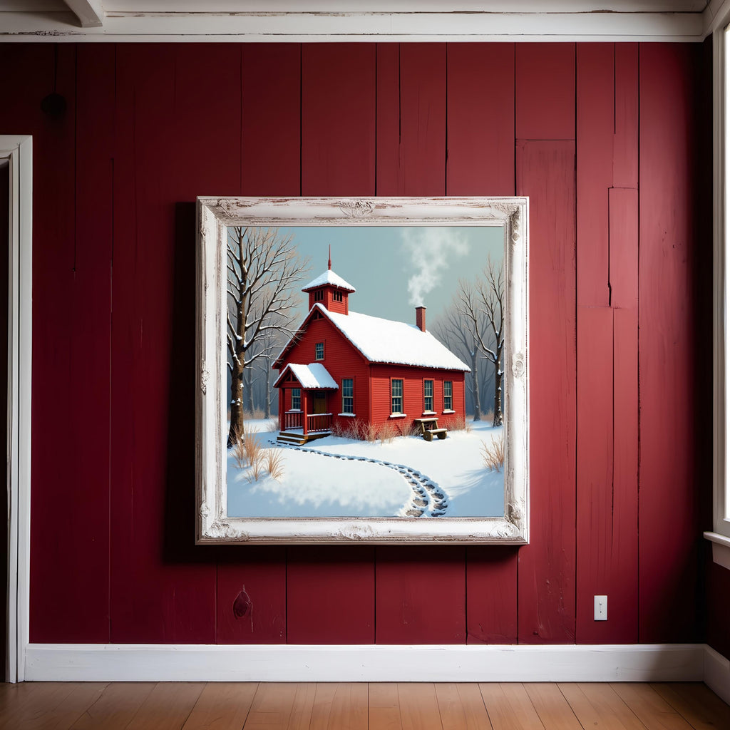 Vintage Red Schoolhouse Winter Print: Nostalgic Americana Wall Art (Digital Download)