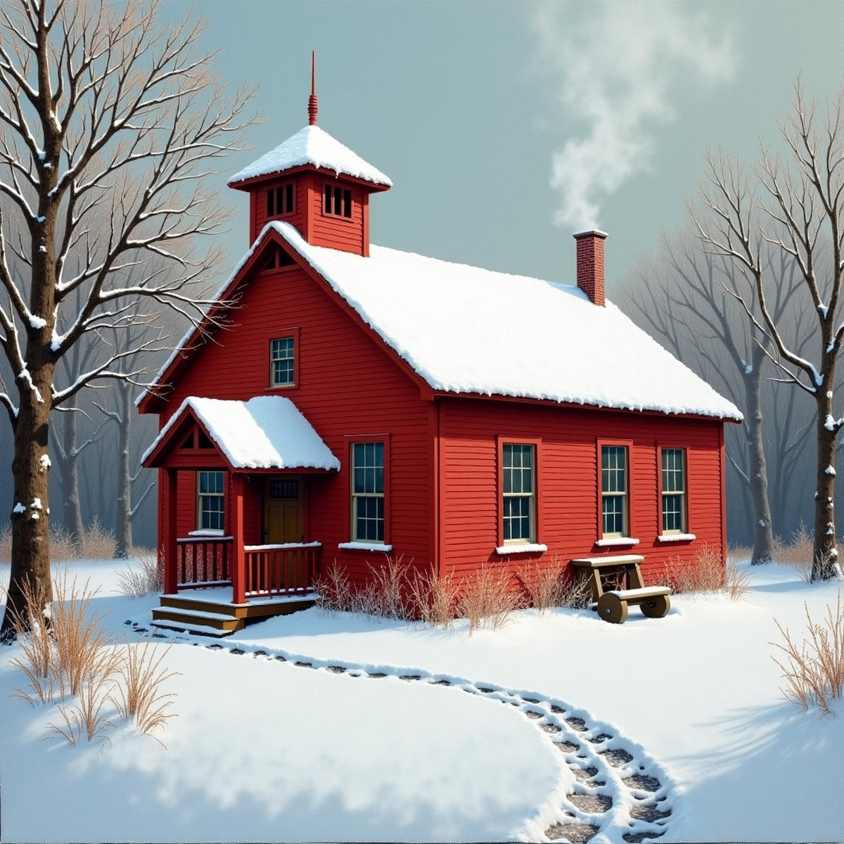 Vintage Red Schoolhouse Winter Print: Nostalgic Americana Wall Art (Digital Download)