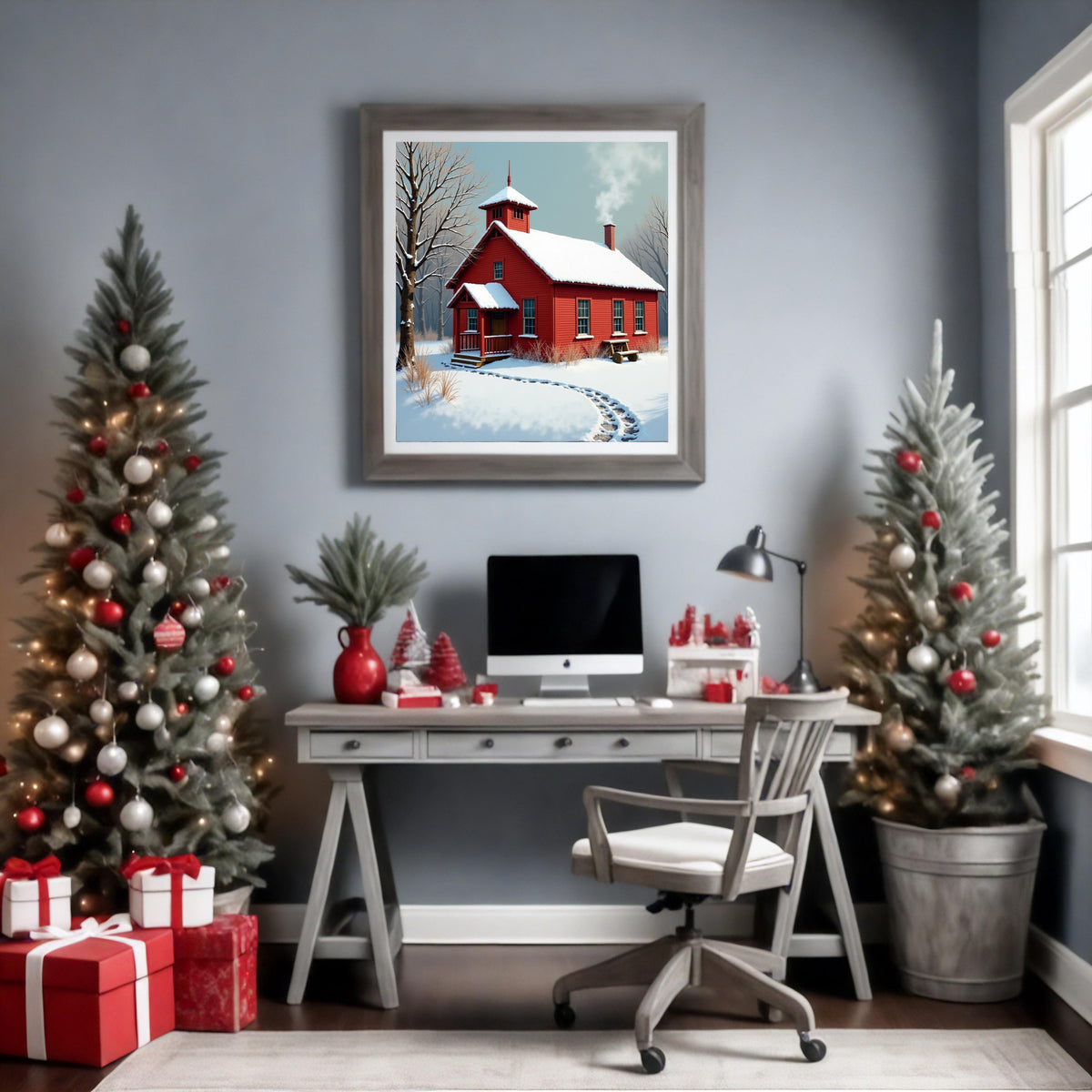 Vintage Red Schoolhouse Winter Print: Nostalgic Americana Wall Art (Digital Download)