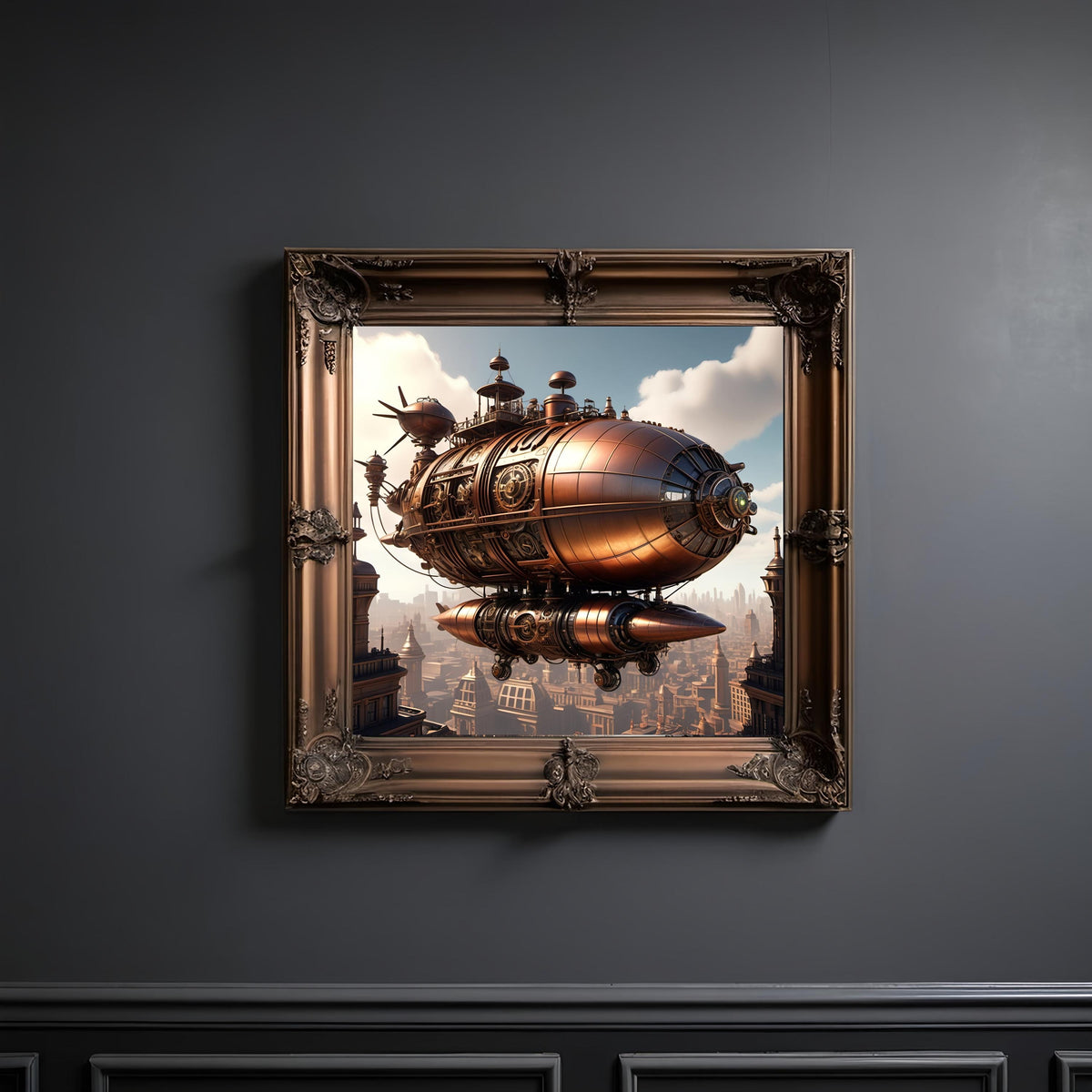 Steampunk Airship Art Print: Copper Zeppelin, Vintage Cityscape (Digital Download)