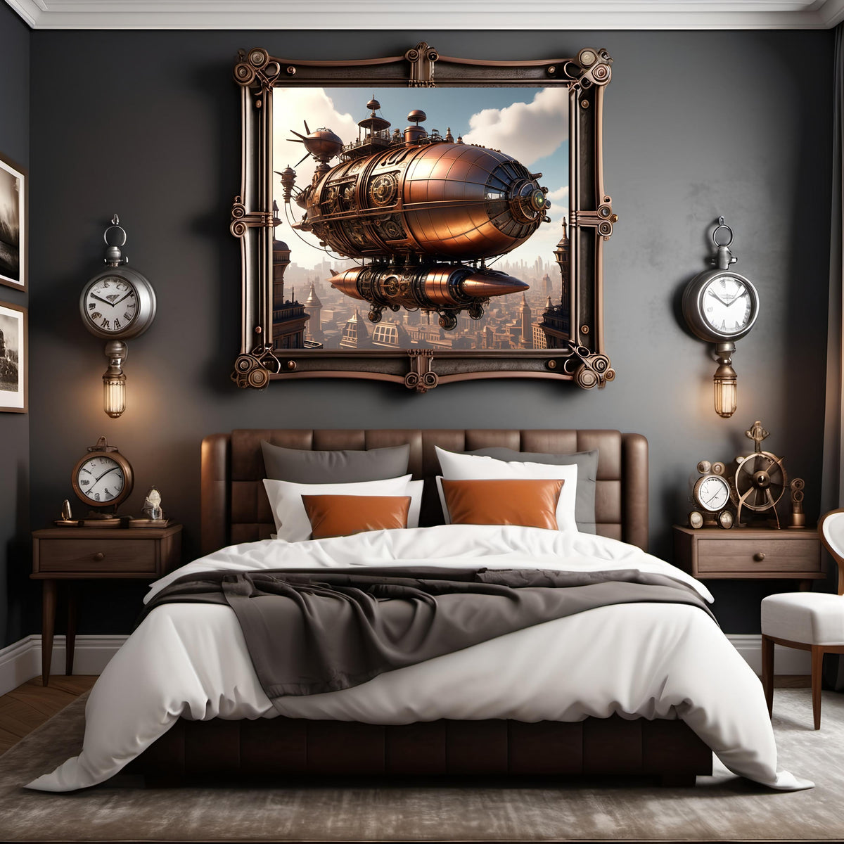 Steampunk Airship Art Print: Copper Zeppelin, Vintage Cityscape (Digital Download)