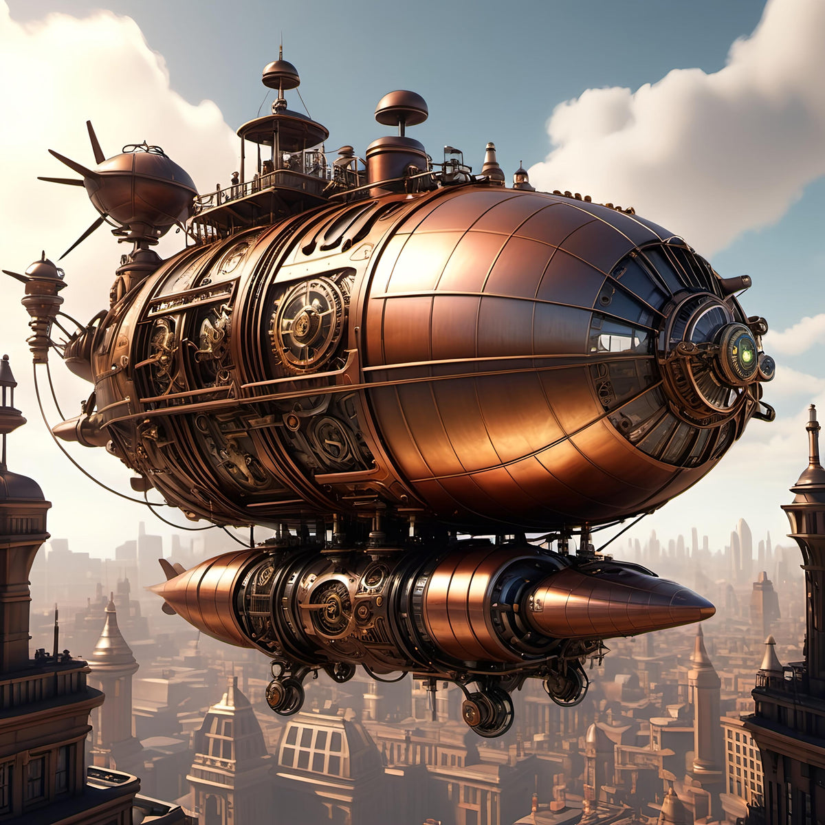 Steampunk Airship Art Print: Copper Zeppelin, Vintage Cityscape (Digital Download)
