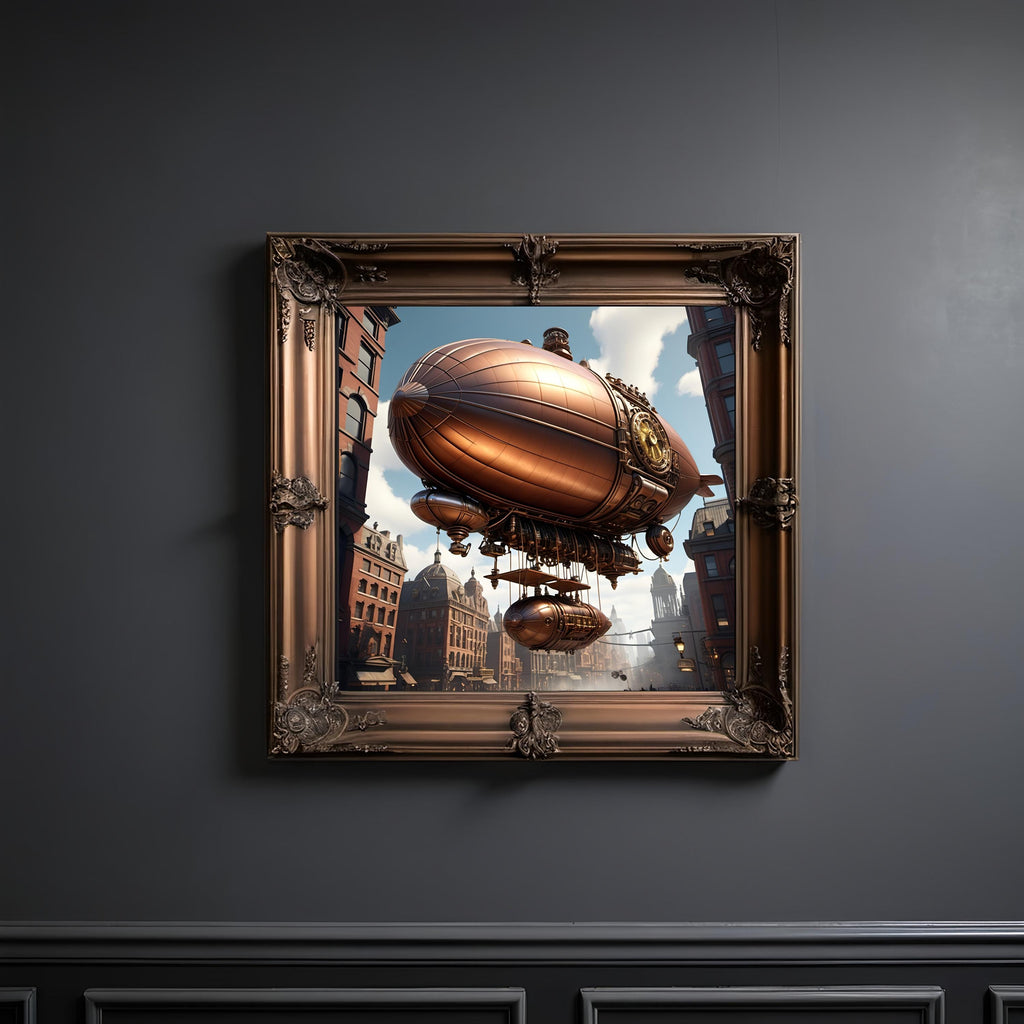 Steampunk Airship Print: Copper Zeppelin, Vintage Cityscape (Digital Download)