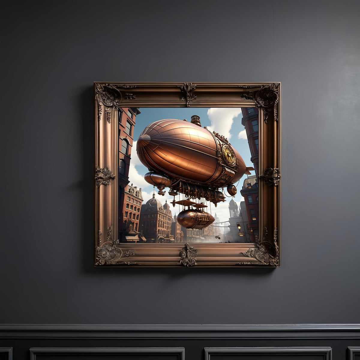 Steampunk Airship Print: Copper Zeppelin, Vintage Cityscape (Digital Download)