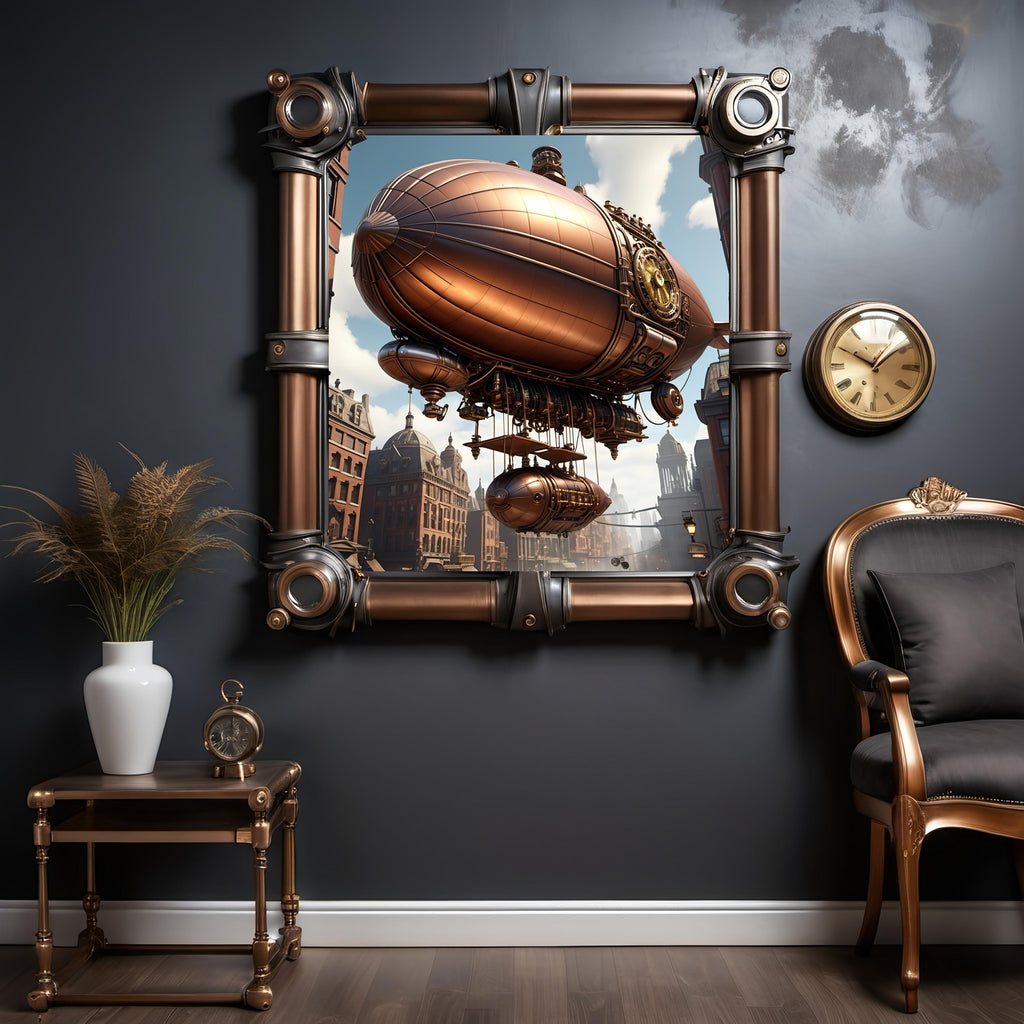 Steampunk Airship Print: Copper Zeppelin, Vintage Cityscape (Digital Download)