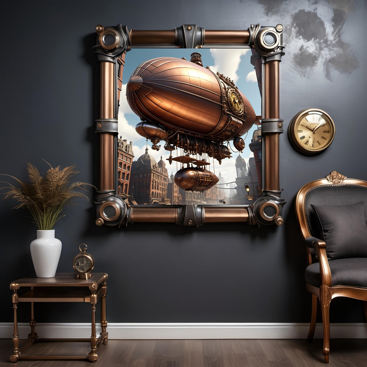 Steampunk Airship Print: Copper Zeppelin, Vintage Cityscape (Digital Download)