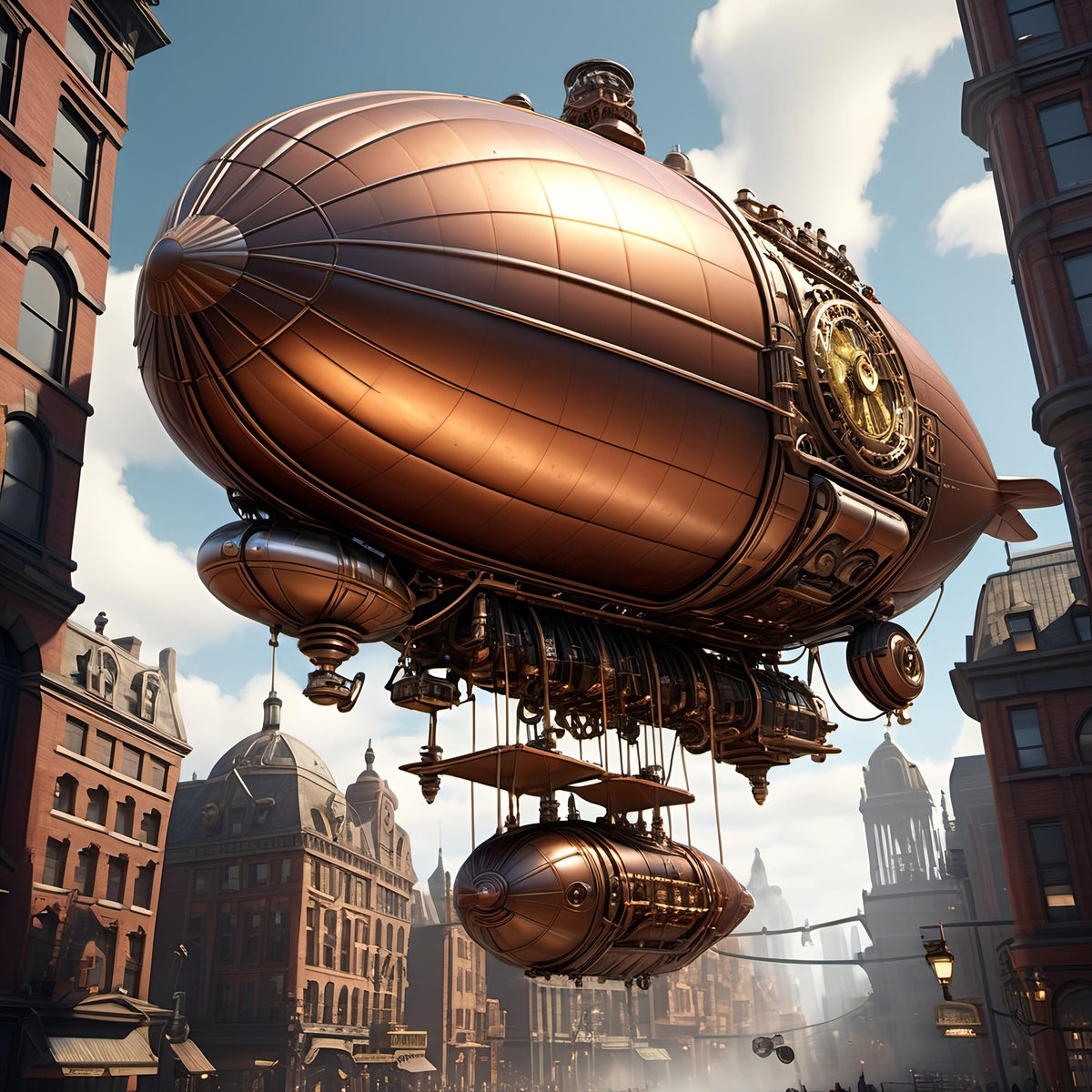 Steampunk Airship Print: Copper Zeppelin, Vintage Cityscape (Digital Download)