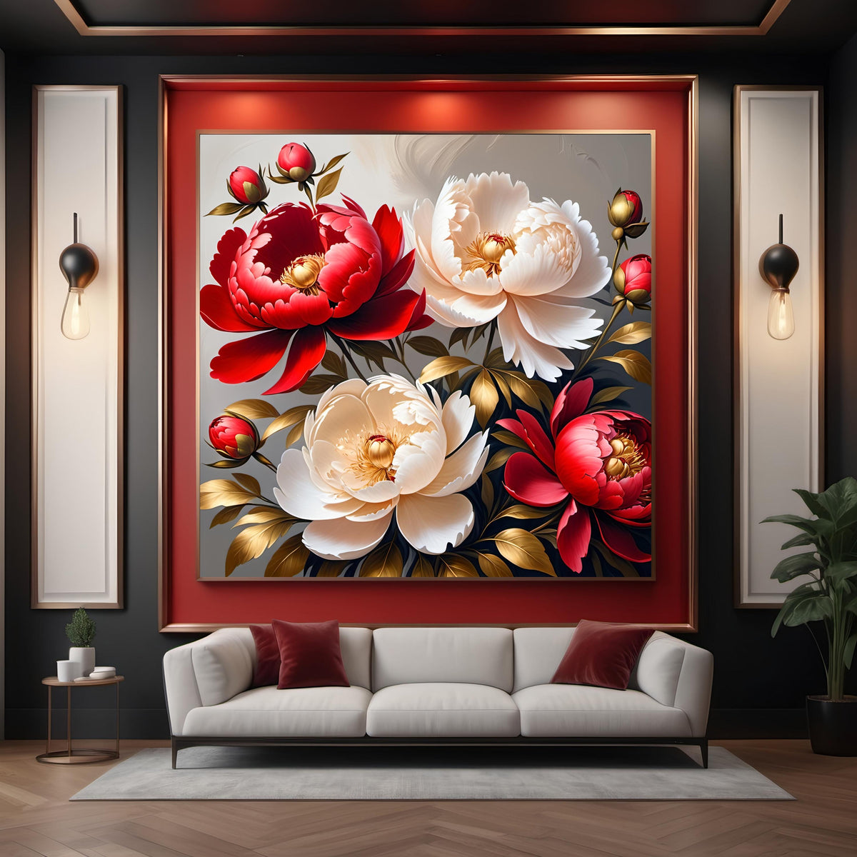 Red Peony Floral Art Print: Romantic Living Room Decor (Digital Download)