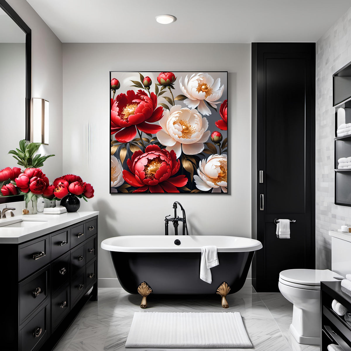 Red and White Peony Floral Painting: Elegant 4K Digital Art (Digital Download)
