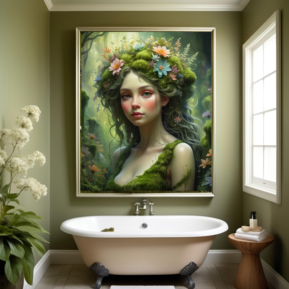 Ethereal Moss Maiden Art Print: Dreamy Floral Nature Goddess (Digital Download)