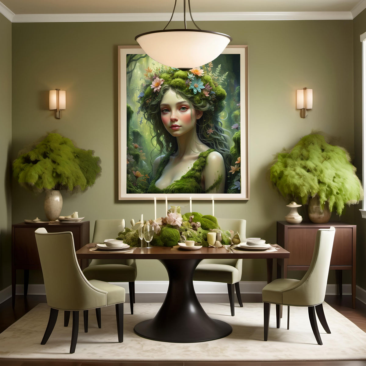 Ethereal Moss Maiden Art Print: Dreamy Floral Nature Goddess (Digital Download)