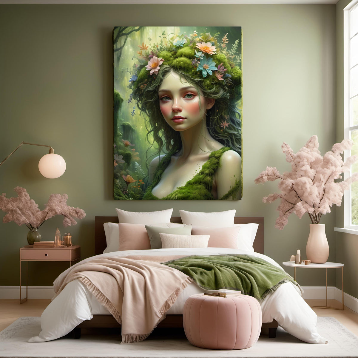 Ethereal Moss Maiden Art Print: Dreamy Floral Nature Goddess (Digital Download)