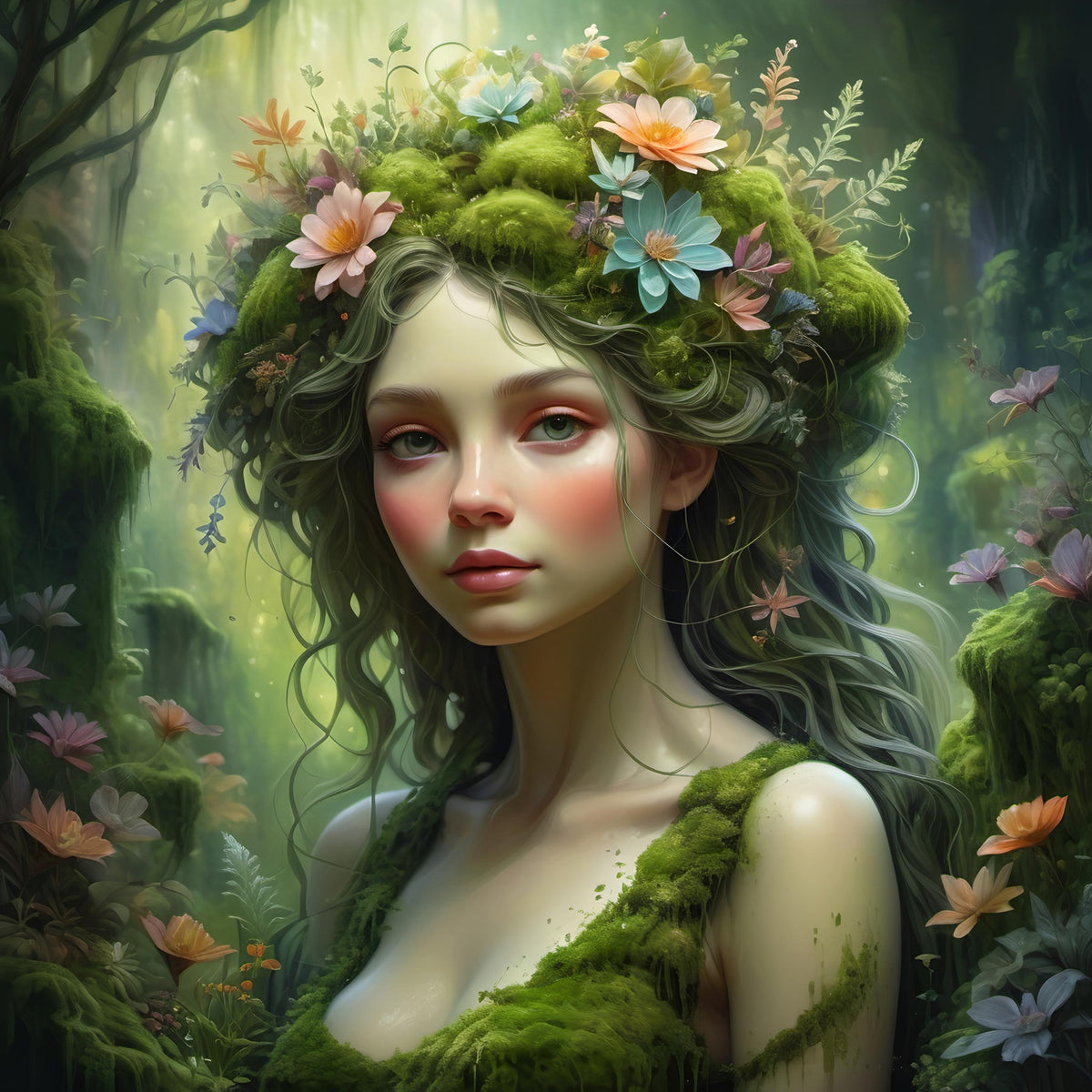 Ethereal Moss Maiden Art Print: Dreamy Floral Nature Goddess (Digital Download)
