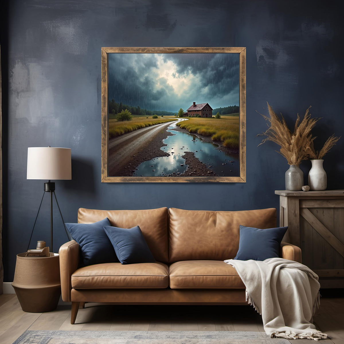 Rainy Rural Landscape Print: Moody Farmhouse Wall Art (Digital Download)