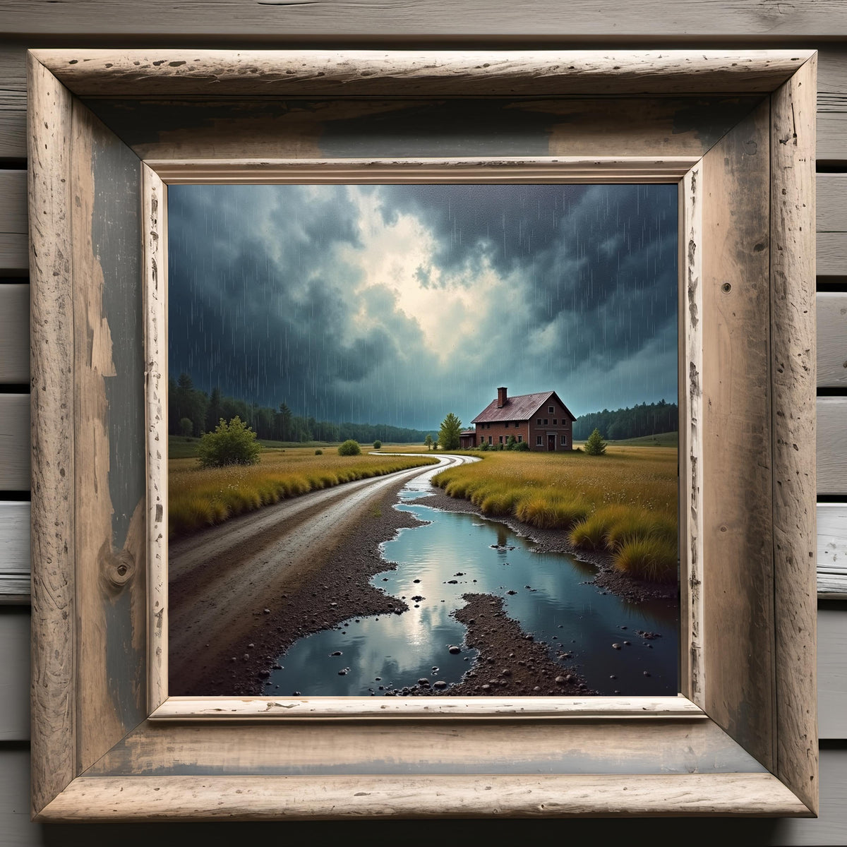Rainy Rural Landscape Print: Moody Farmhouse Wall Art (Digital Download)