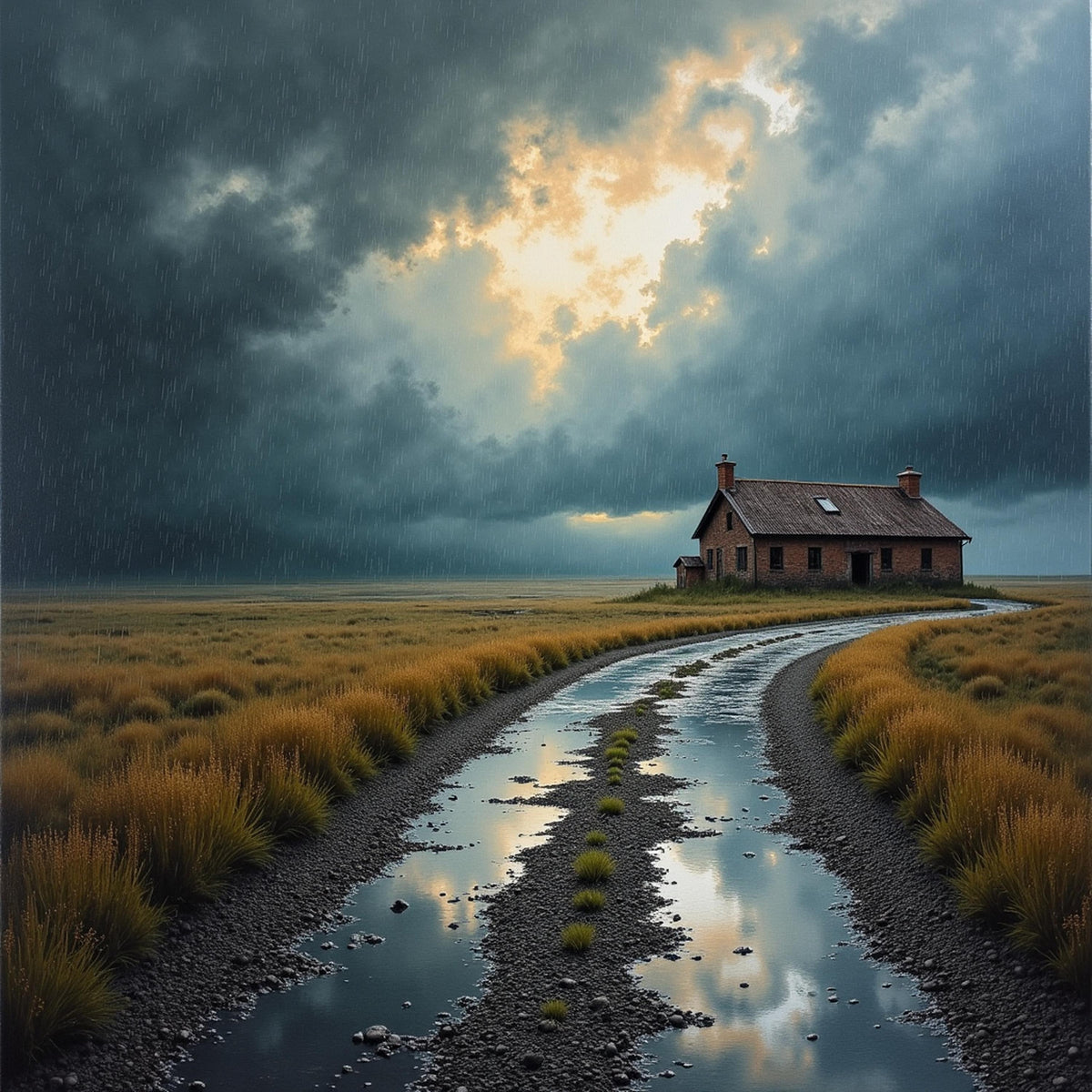 Stormy Landscape Print: Moody Rural House Wall Decor (Digital Download)