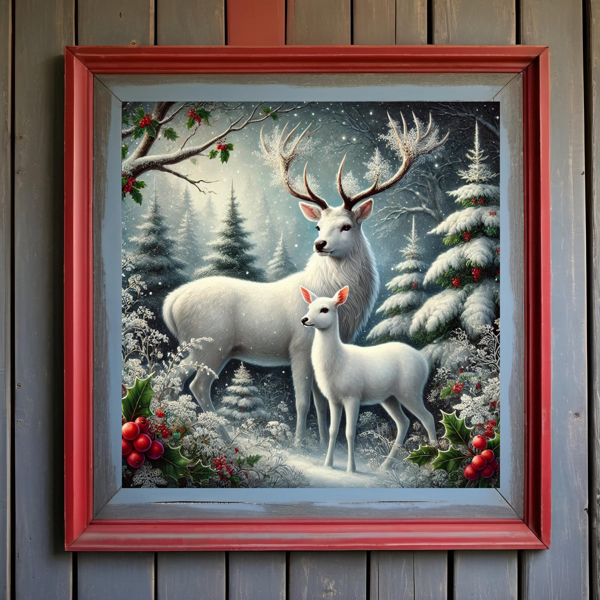 Christmas Winter White Stag and Fawn Print: Snowy Forest Holiday Decor (Digital Download)