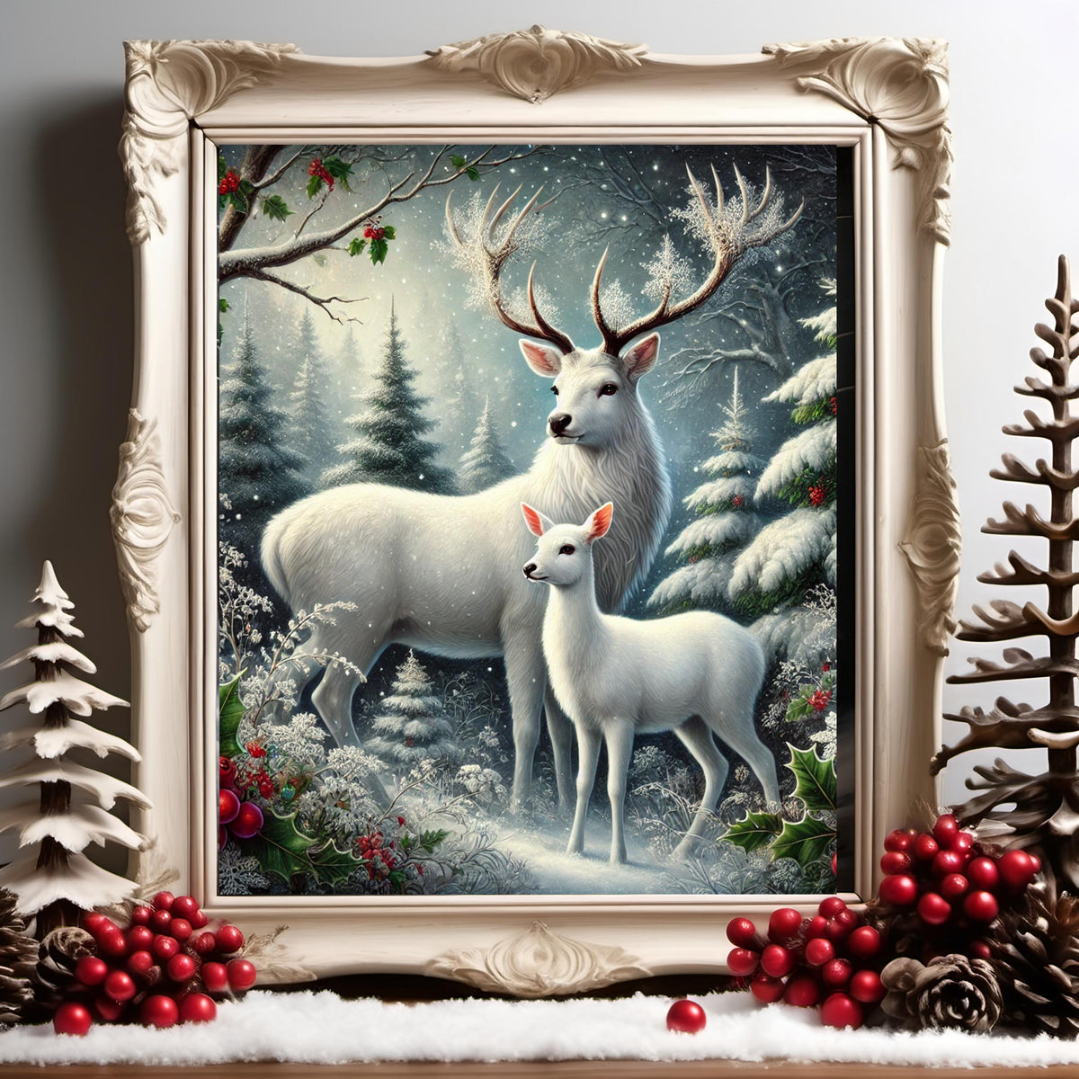 Christmas Winter White Stag and Fawn Print: Snowy Forest Holiday Decor (Digital Download)