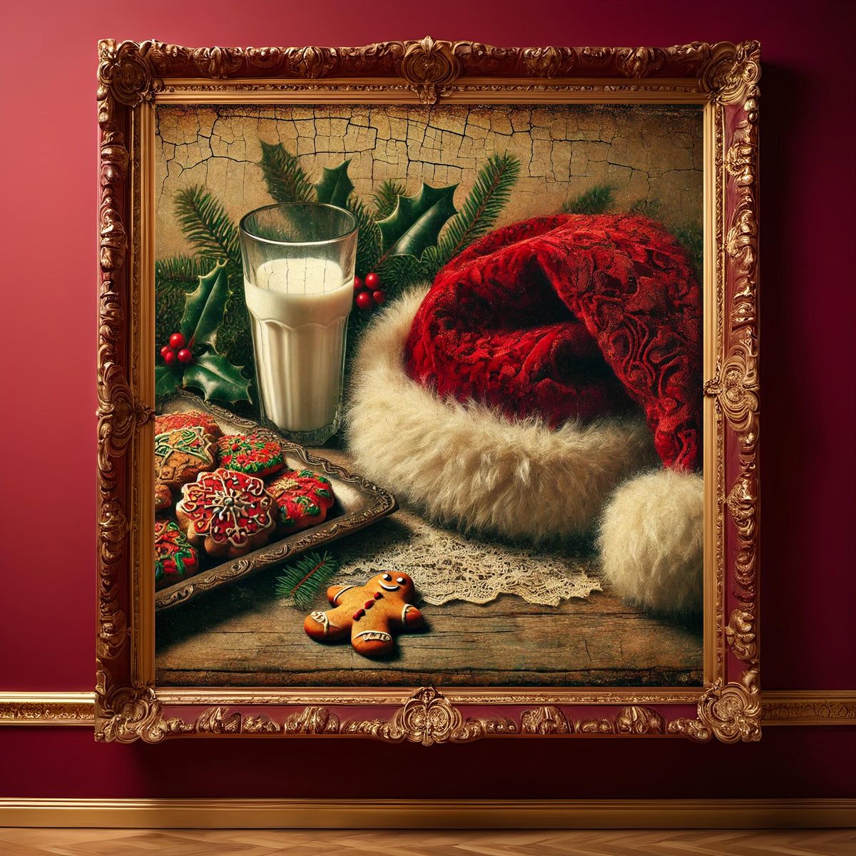 Vintage Santa Hat Christmas Print: Milk and Cookies Art (Digital Download)