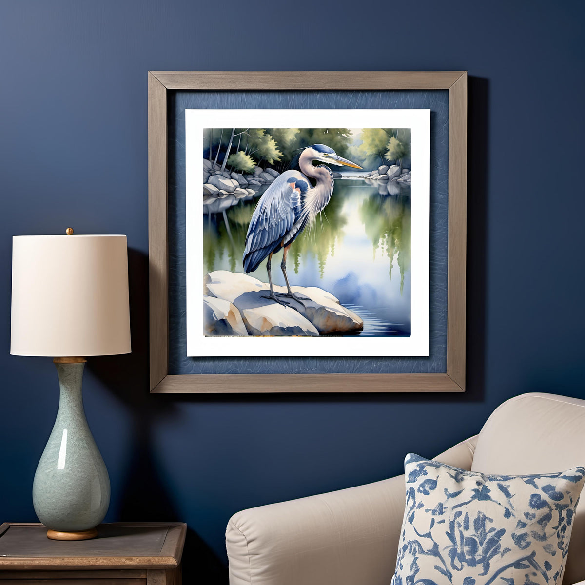 Blue Heron Lake Scene Art Print: Serene Nature Digital Download 2
