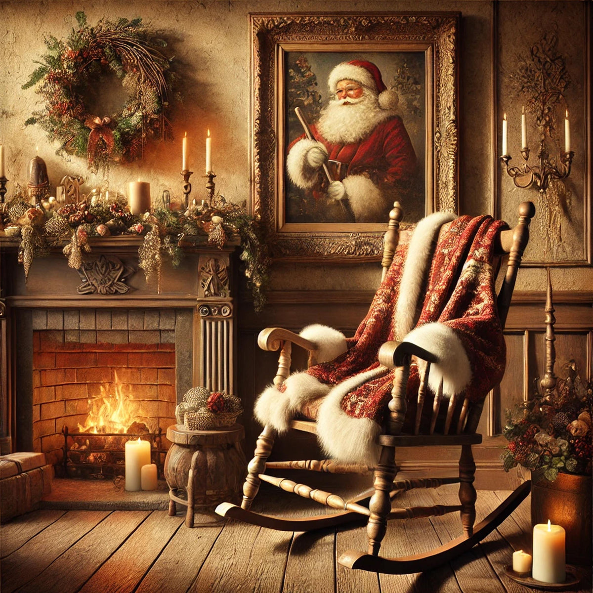 Victorian Christmas Print: Santa's Rocking Chair, Cozy Fireplace (Digital Download)