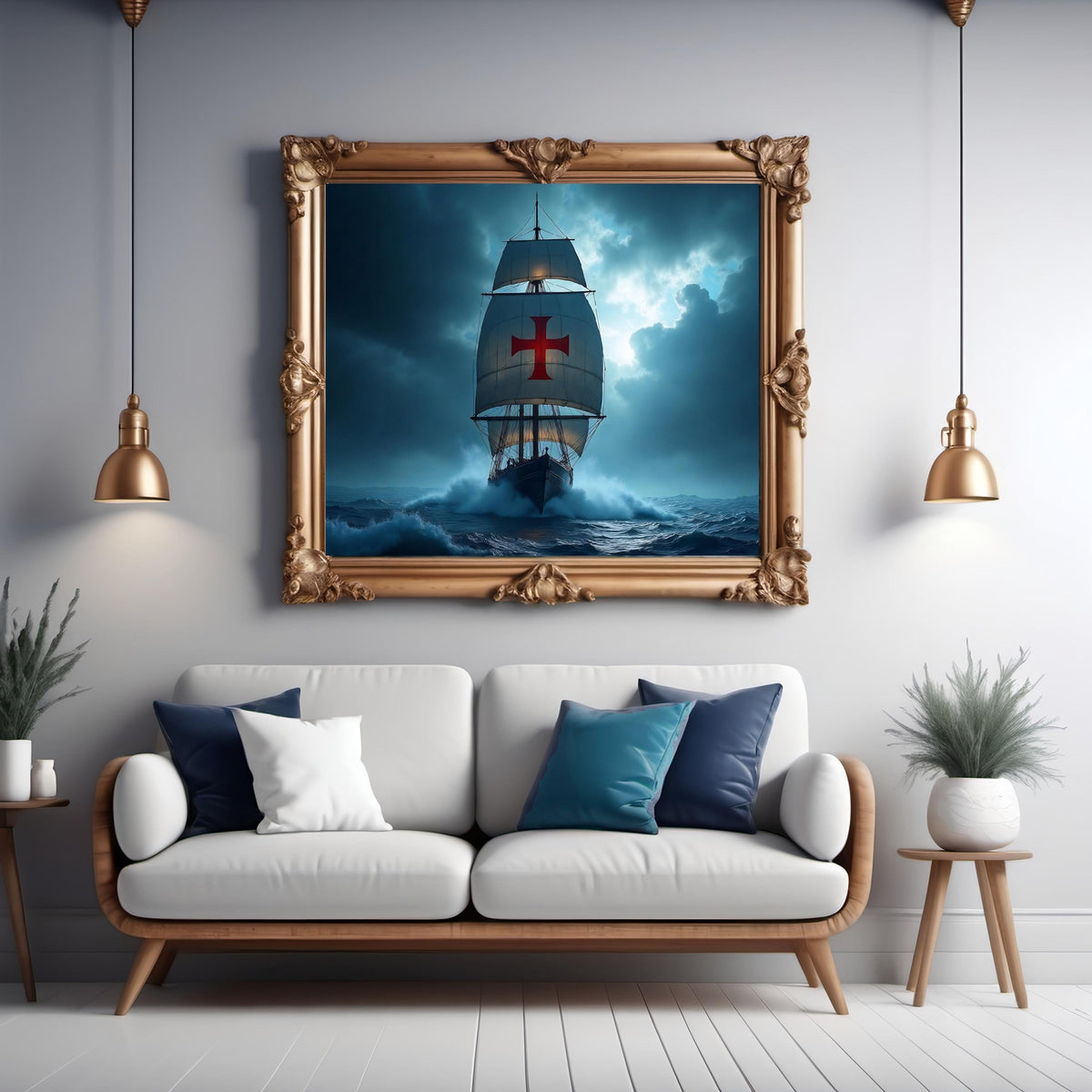 Red Cross Ship Nautical Art Print: Dramatic Ocean Seascape (Digital Download)