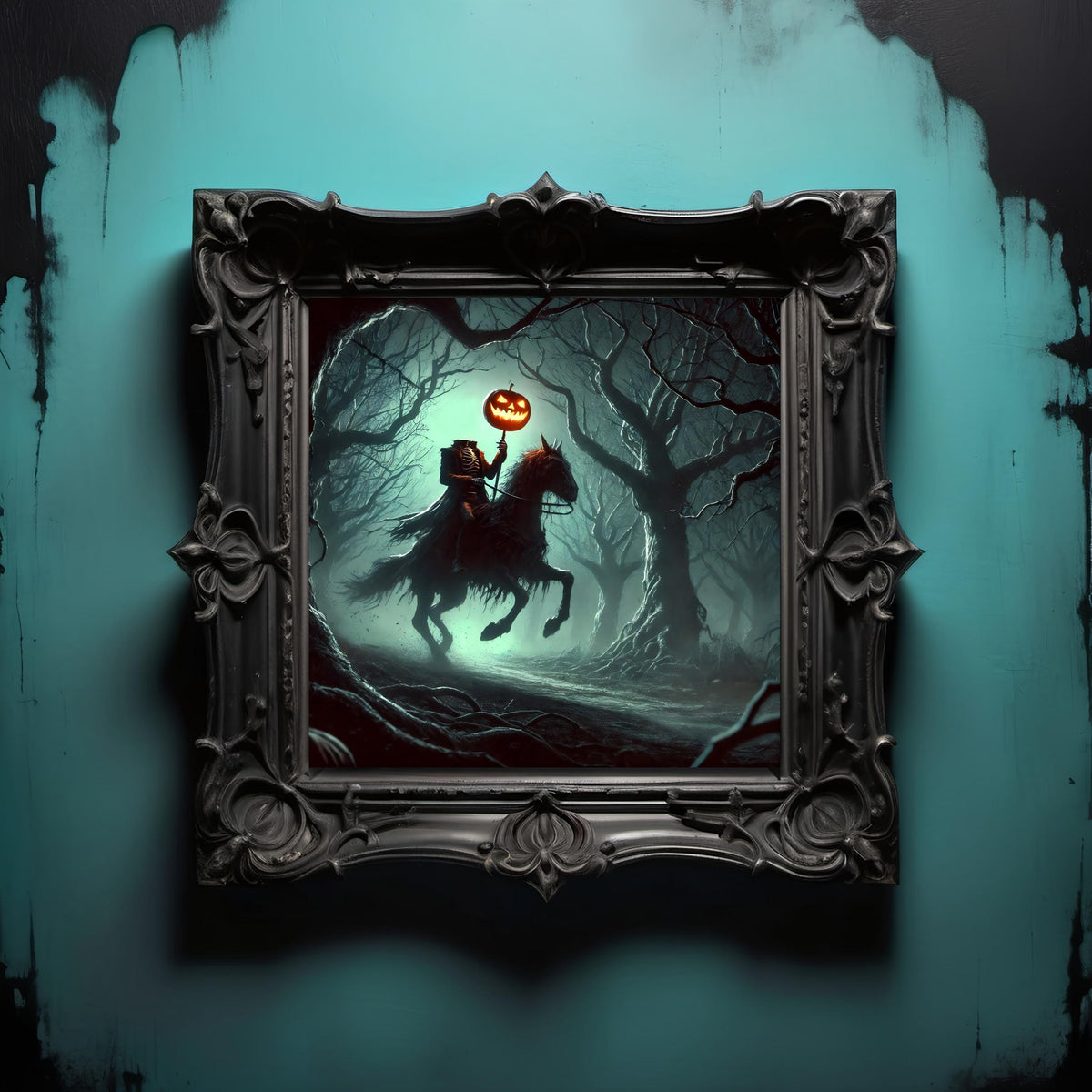 Headless Horseman Print: Gothic Halloween Art, Dark Forest Decor (Digital Download)