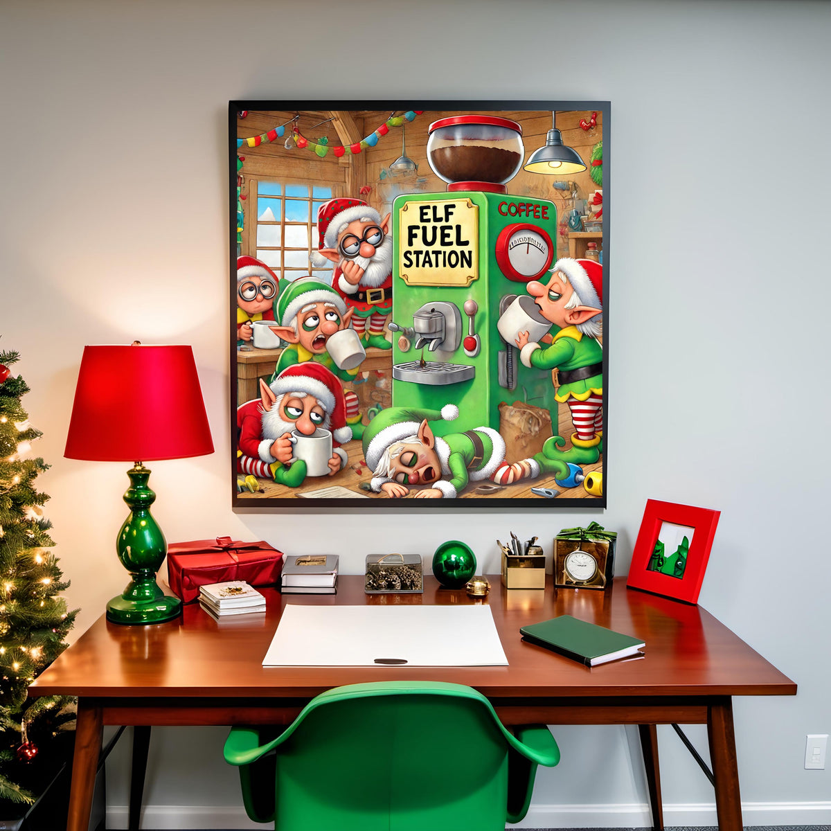 Funny Christmas Elf Fuel Station Art Print: Holiday Coffee Bar Decor (Digital Download)