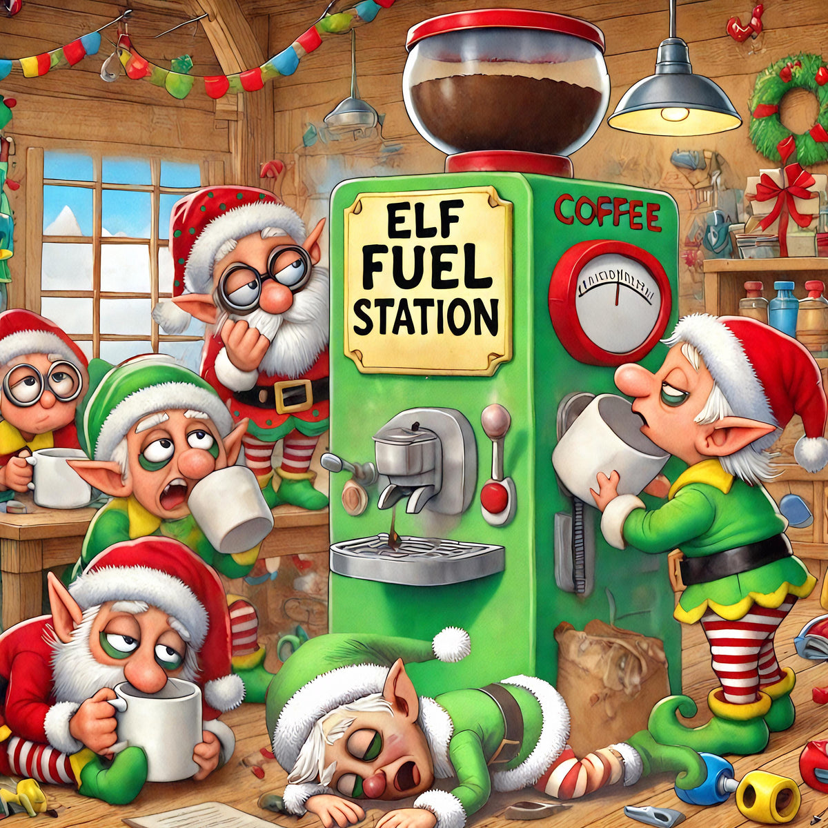 Funny Christmas Elf Fuel Station Art Print: Holiday Coffee Bar Decor (Digital Download)