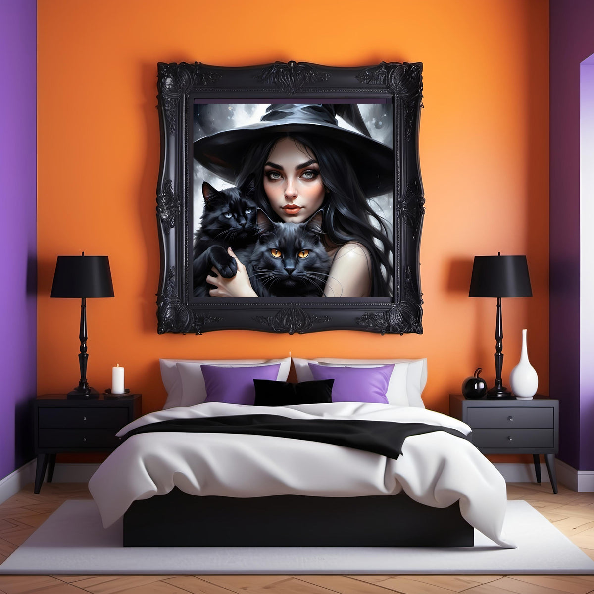Witch and Black Cat Digital Print: Mystical Halloween Decor (Digital Download 4096x4096px)