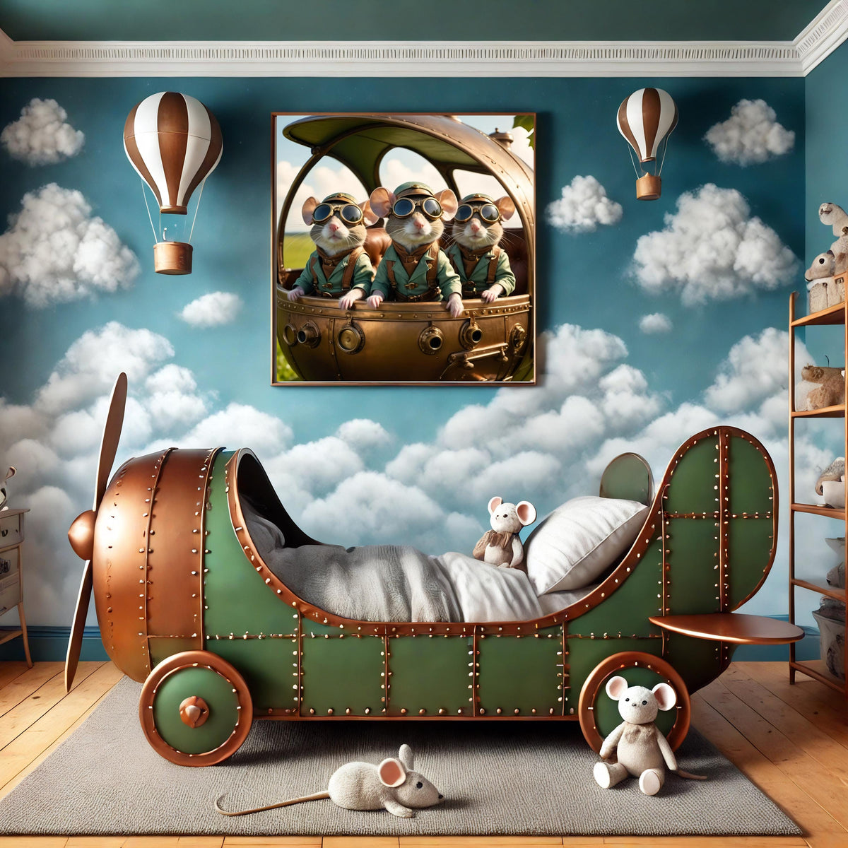 Steampunk Aviator Mice Airship Print: Whimsical Nursery Art (Digital Download)